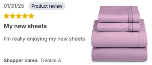 bed sheet review by customer Denise, January 2025